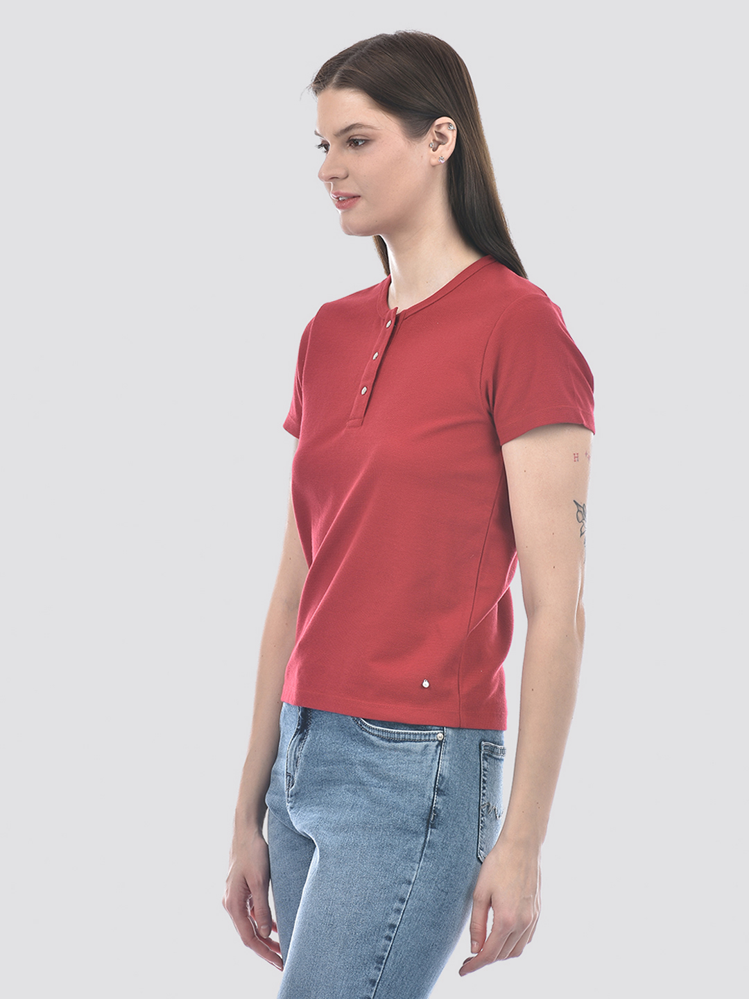 Numero Uno Women Red Henley Neck Waffle Knit T-Shirt
